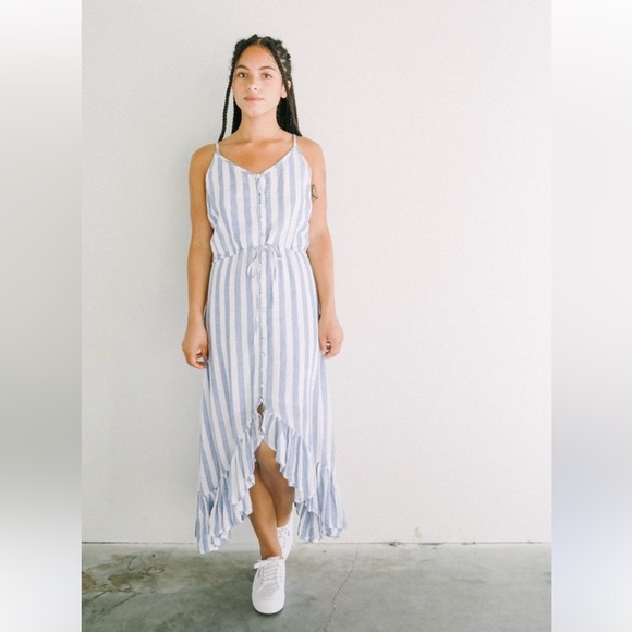 Rails Frida Linen Striped Midi Tank Dress Blue White Front Button Sleeveless - Picture 1 of 13